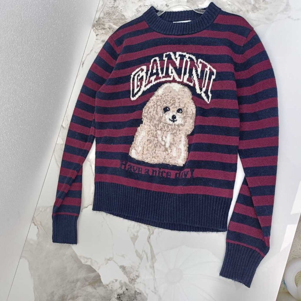 Ganni Women's Striped Sweater - Navy and Burgundy